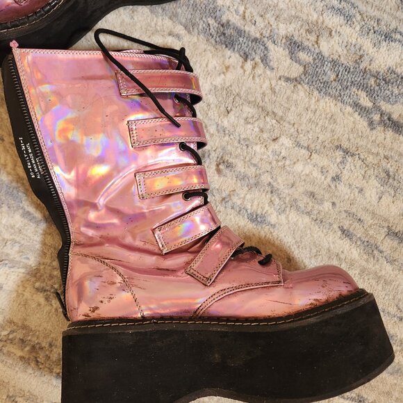 Demonia pink iridescent holographic platform combat boots size 10 - Picture 5 of 12